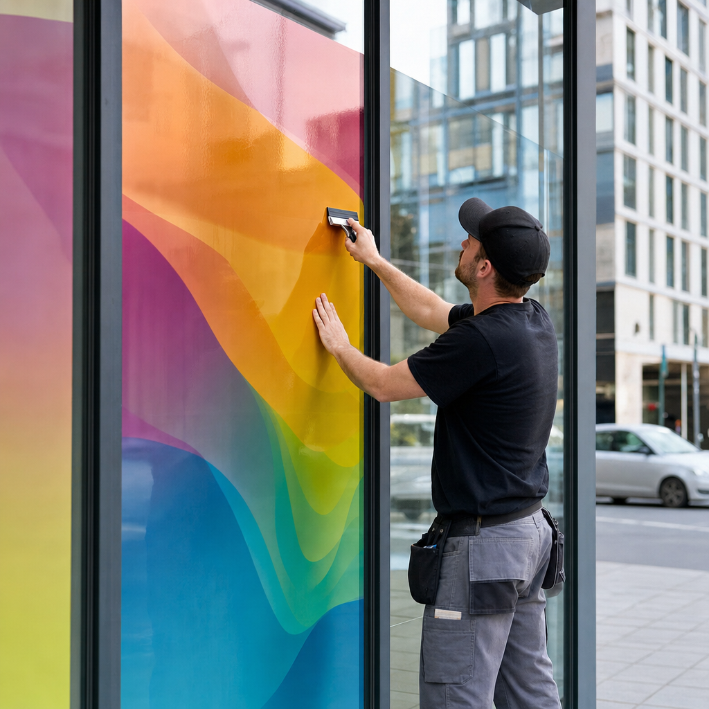 Installer applying film to a storefront window with a squeegee