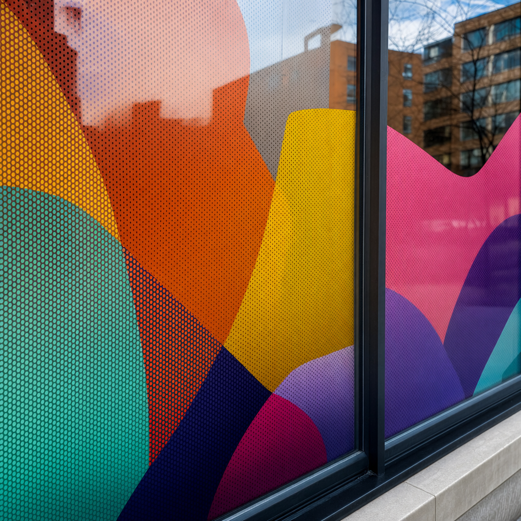 Storefront glass with colourful perforated film graphics seen from the street