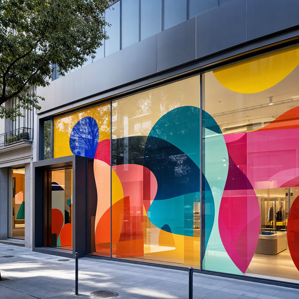 Retail storefront covered in bold colourful window graphics